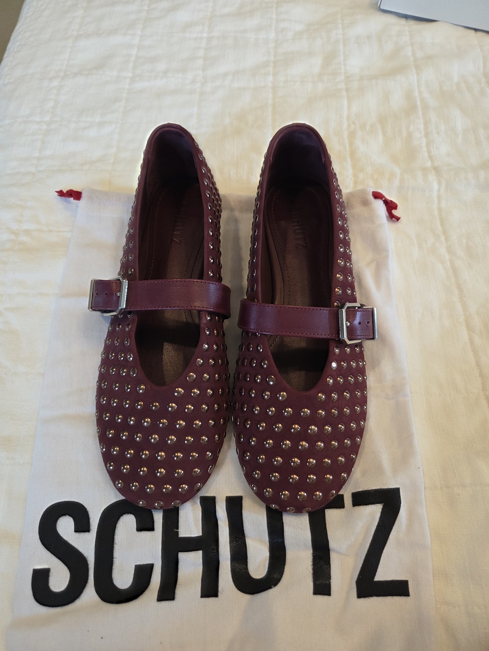 SCHUTZ Wine/Burgundy Studded Mary Jane Flats
